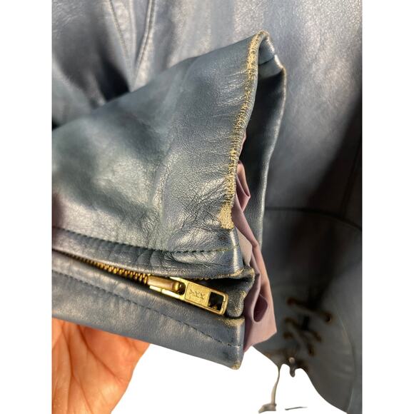 Vintage 1980’s Women’s Cropped Teal Leather Jacket with Epaulettes‎ Size 44 (XL) - Picture 7 of 14